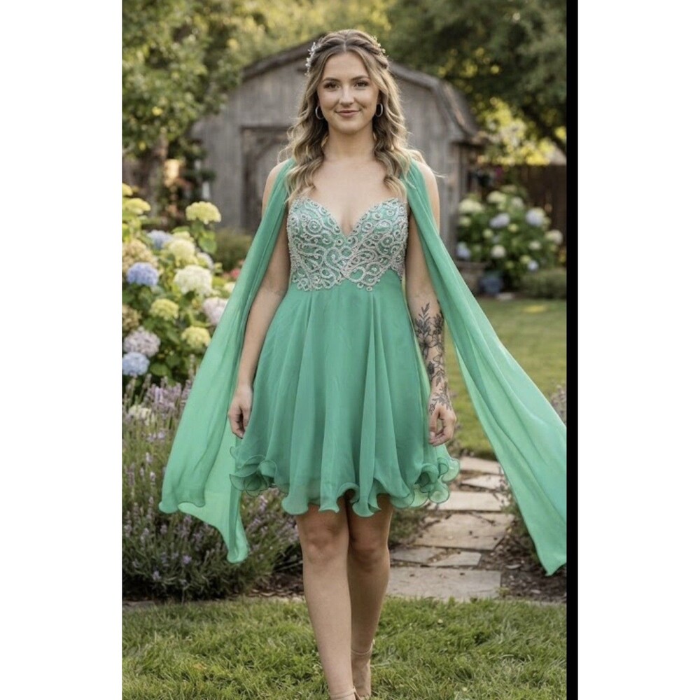 Elegant Seafoam Green Strapless Beaded Cocktail Dress Fiesta Couture Cocktail XL